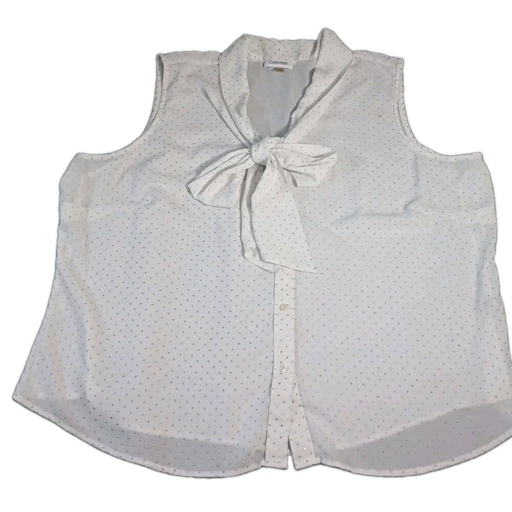 Calvin Klein Womens 2X White Metallic Polka Dot Sleeveless Tie Neck Blouse Top